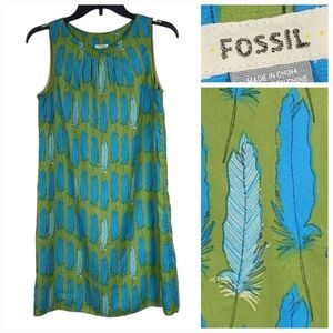 Fossil Silky Soft Feather Print Green Shift Dress Microfiber Sleeveless Tribal